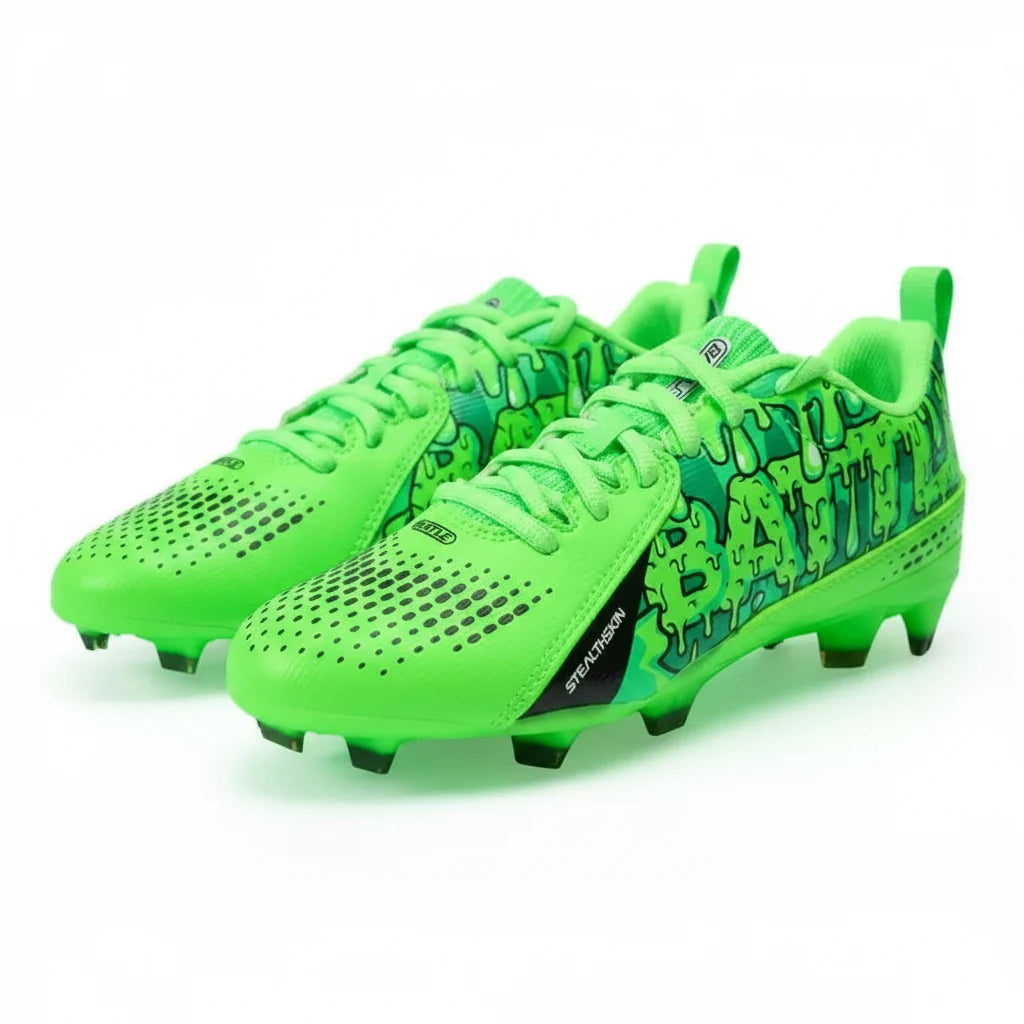 Bright green soccer cleats with unique sole design on a white background