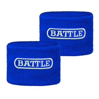 Two royal blue ribbed wristbands with white embroidered 'BATTLE' text, shown on a plain white background.