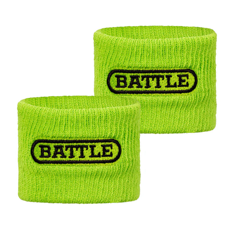 Two bright neon yellow-green athletic wristbands with black embroidered 'BATTLE' logos, displayed on a clean white background.
